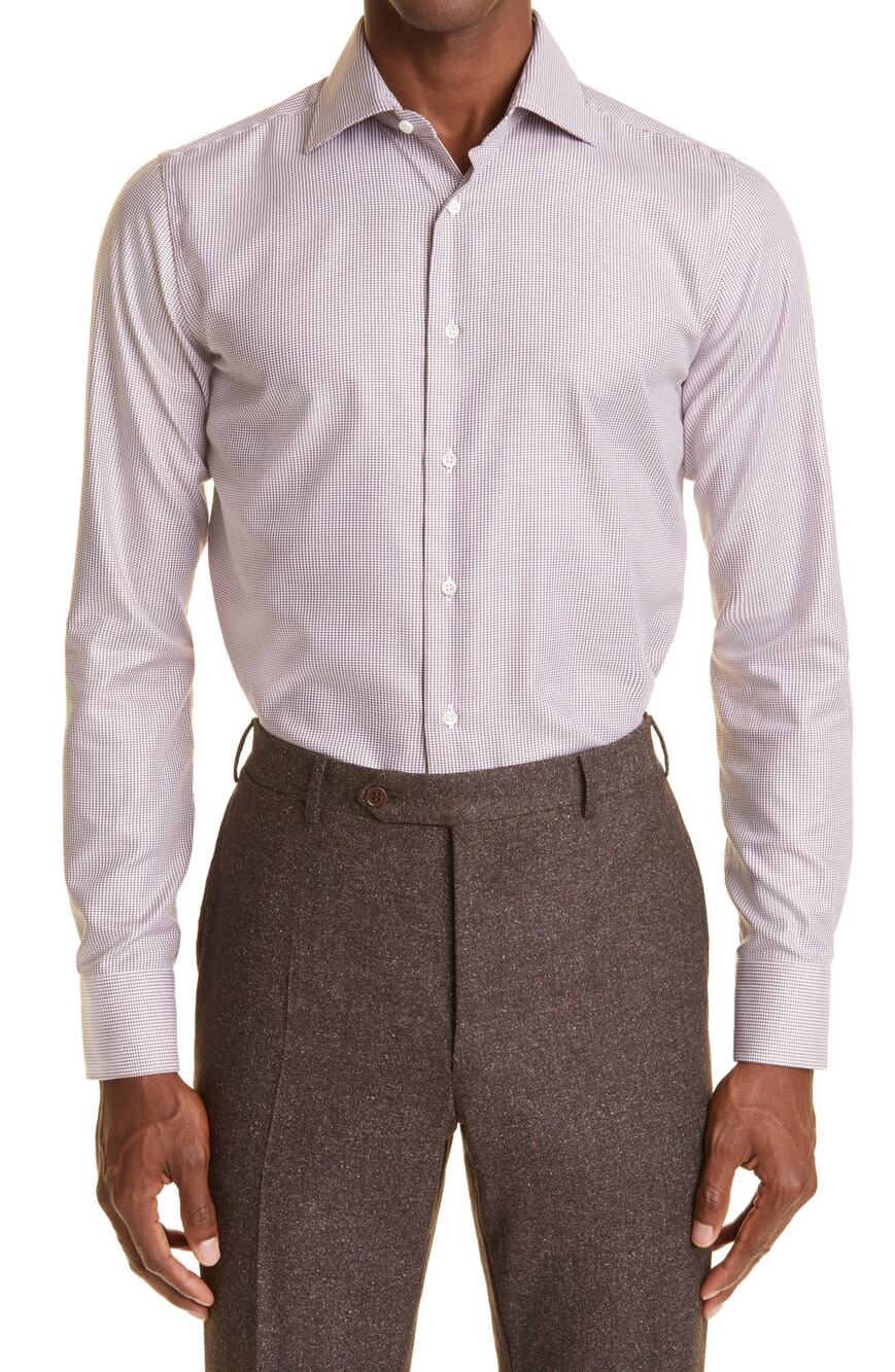 Canali Regular Fit Brown Houndstooth Dress Shirt Size 16.5 (41)
